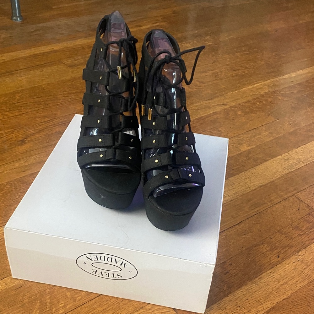 Steve Madden Black Strappy Platform Heels with Gold Accents